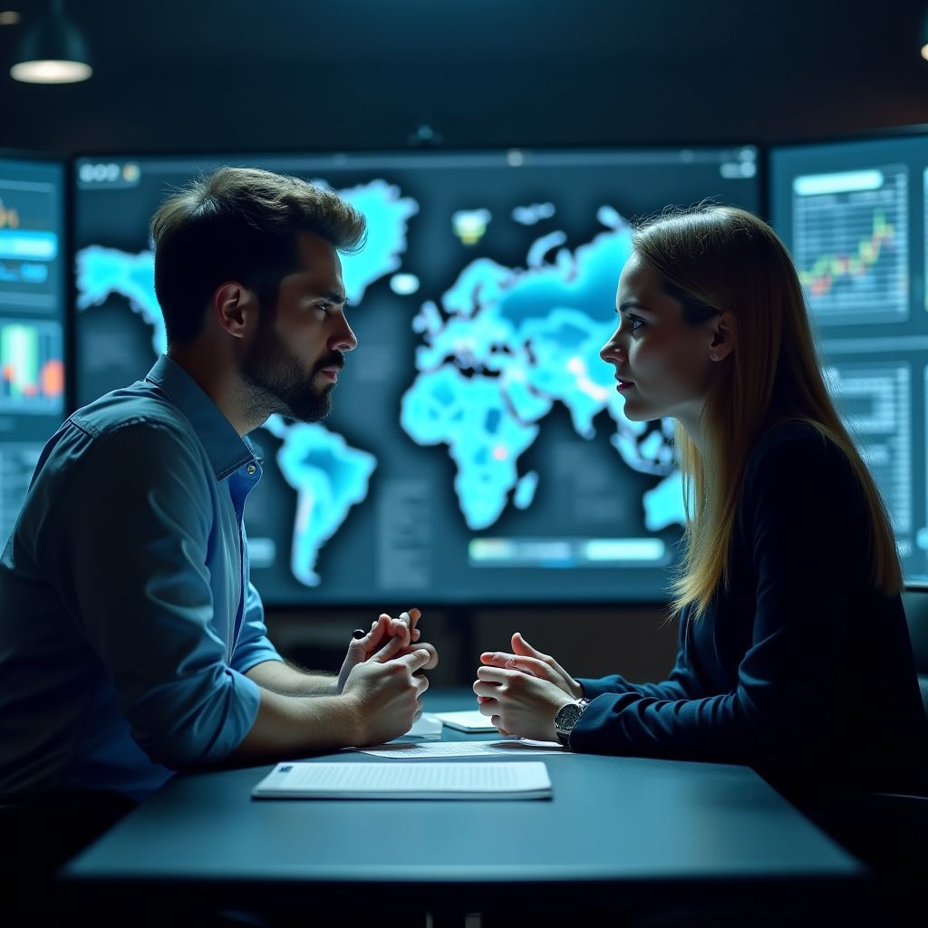 Un instructor guiando a un estudiante frente a un monitor con gráficos de trading